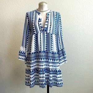 XL Blue & White Aztec Print Long Sleeve Dress